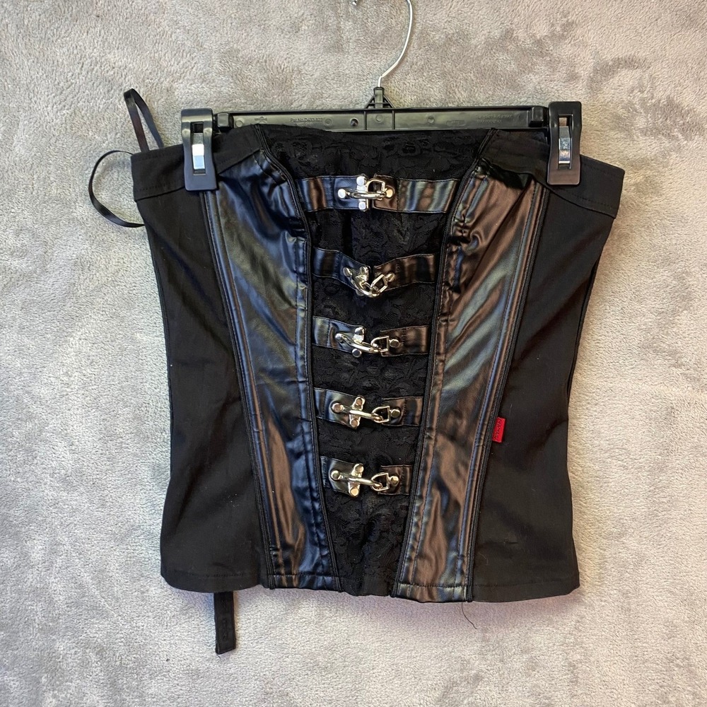 Tripp NYC Women Black Faux Leather Lace Corset Top Goth Punk Buckle Strap Small